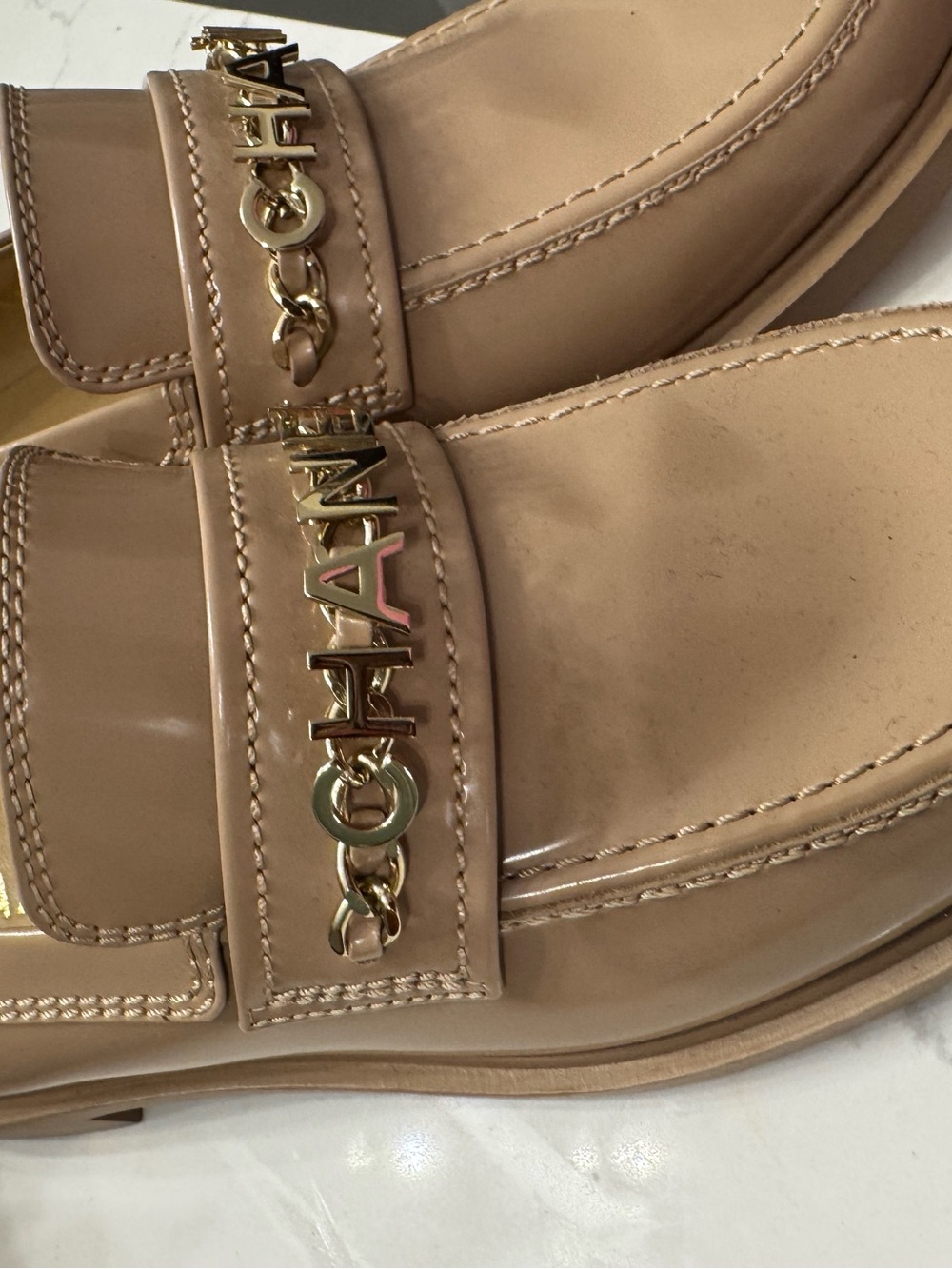 Chanel Nude Patent Leather Loafers with Gold Logo Chain